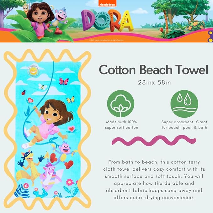 Dora The Explorer Kids Super Soft Cotton Bath/Pool/Beach Towel, 58 in x 28 in, (Offically Licensed Product) by Franco
