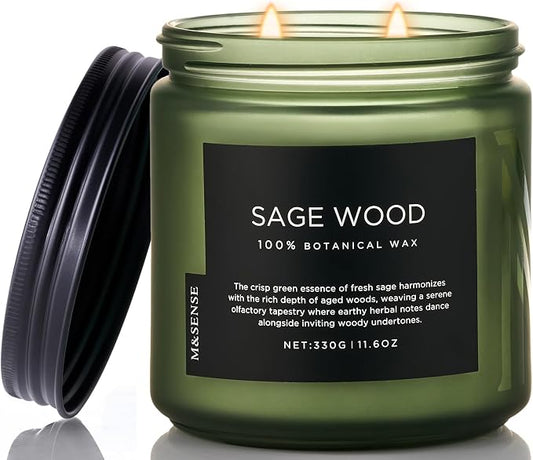 M&SENSE Sage Wood Scented Candle, 11.6oz 70 Hours All Natural Soy Wax Clean Non Toxic Slow Burning Candle for Relaxing & Stress Relief, 2 Wick Fragrance Gifts for Relaxation Home Cleasing