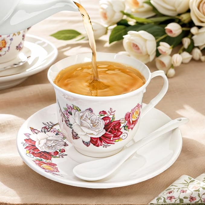 WRINGKIT Tea Cups and Saucers Set of 6, 6 Oz Porcelain Floral Tea Cups with Spoon, Bone China Coffee Cup Saucer Gift Set for Cappuccino, Espresso, Latte, Cafe Mocha, Microwave Safe