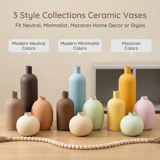 Ceramic Vase Set of 4, Modern Minimalist Colors Home Decor, Rustic Decorative Flowers Vases for Bouquet, Pampas | Table Mantel Centerpiece Bookshelf Living Room Bedroom (Minimalist Mix Set of 4)