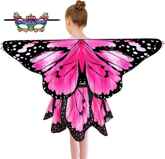 Kids Butterfly Wings Costume for Girls Fairy-Wings Mask Party Favors Gifts (Pink+skirt sets)