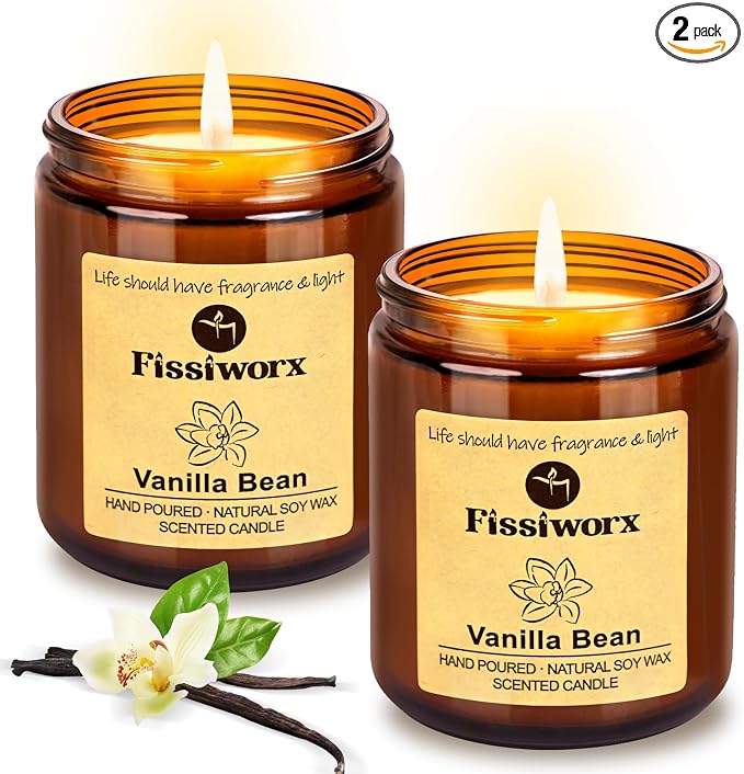 Fissiworx Vanilla Scented Candle Set 2 Pack, Candle for Home Scented, Odor Eliminating, Stress Relief, 15oz, 110 Hours Long Lasting Candles, Soy Candle Gift Set for Women