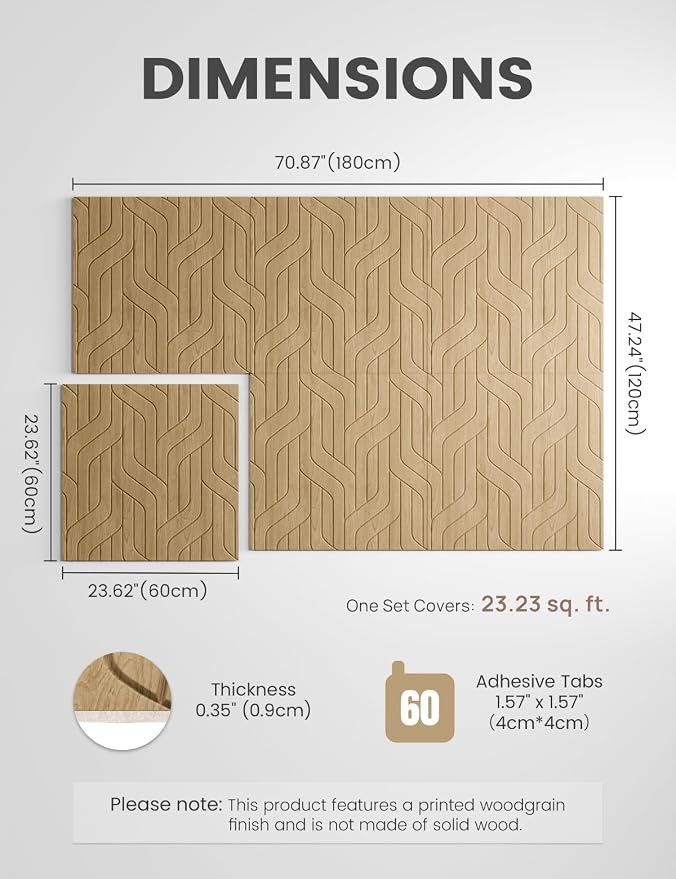 Fluxynara 6-Pack Large Felt Bulletin Board, Natural Oak Artistic | 70.87" x 47.24" Cork Board Alternative, Acoustic Wall Panels with 60 Adhesive Tabs for Recording Studios and Home Offices