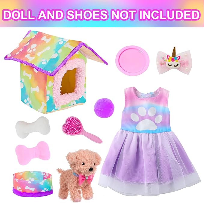 American 18 Inch Doll's Clothes and Accessories Pets Dog Play Sets for 18" Doll Included Dress,Pets Dog,pet Nest, Toy Ball, Hair Comb