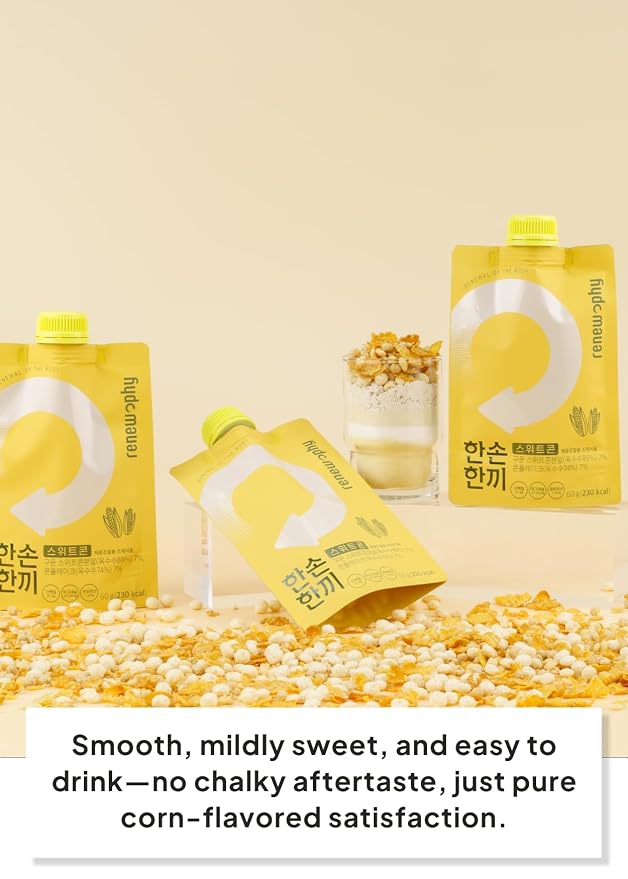 Korean Food Grabmeal Sweet Corn Protein Shake, 25g Protein, 7 Pack Mix | Sweet corn flavored protein drink mix with 25g protein per pouch, made in Korea, just add water
