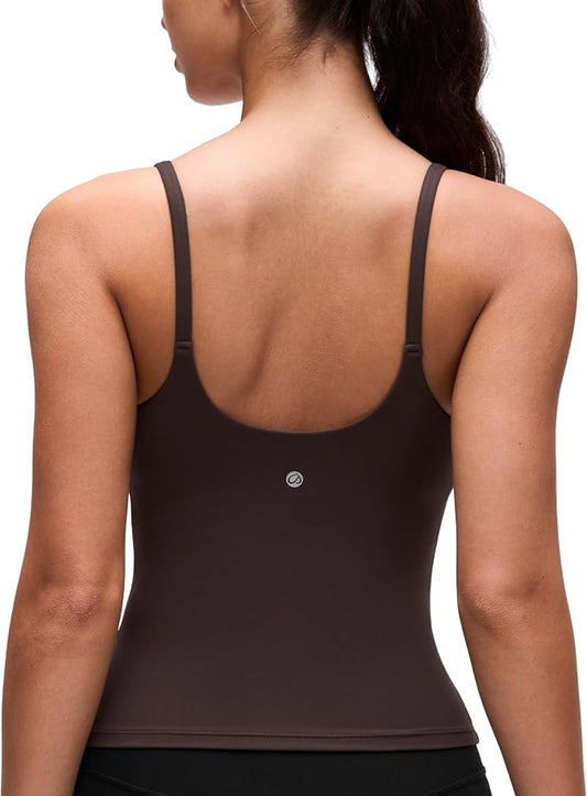 CRZ YOGA Softretch U Back Camisole Tank Tops for Women - Scoop Neck Padded Spaghetti Straps Soft Yoga Crop Top