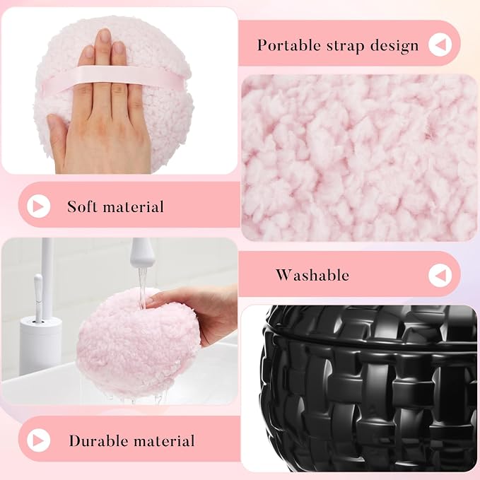 Tioncy 2 Pcs Extra Large Dusting Powder Puff and Container for Women-6'' Glass Crystal Dusting Powder Container with Body Soft Washable Reusable Velour Face(Black,Weave Design)