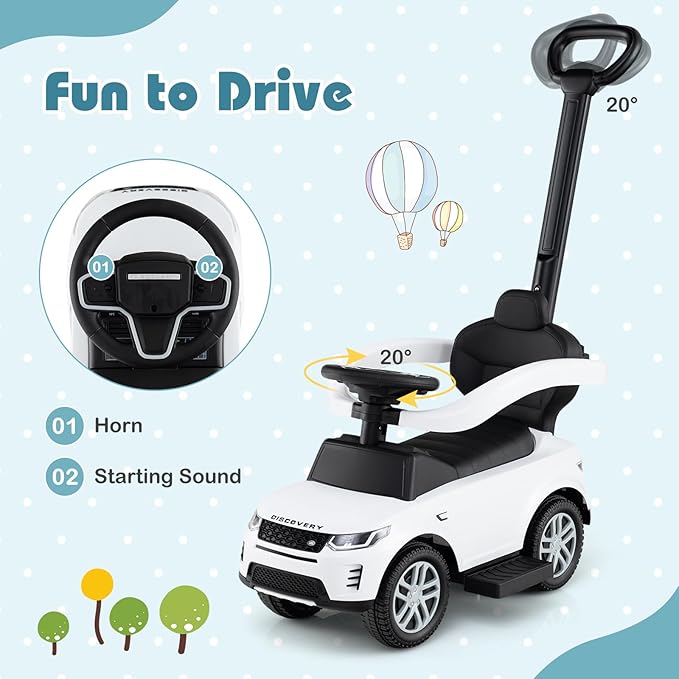 Costzon Push Car for Toddlers, 3 in 1 Land Rover Discovery Stroller Sliding Walking Car with Handle, Horn Sound, Underneath Storage, Armrest Guardrail, Foot-to-Floor Ride On Toy for Boys Girls (White)