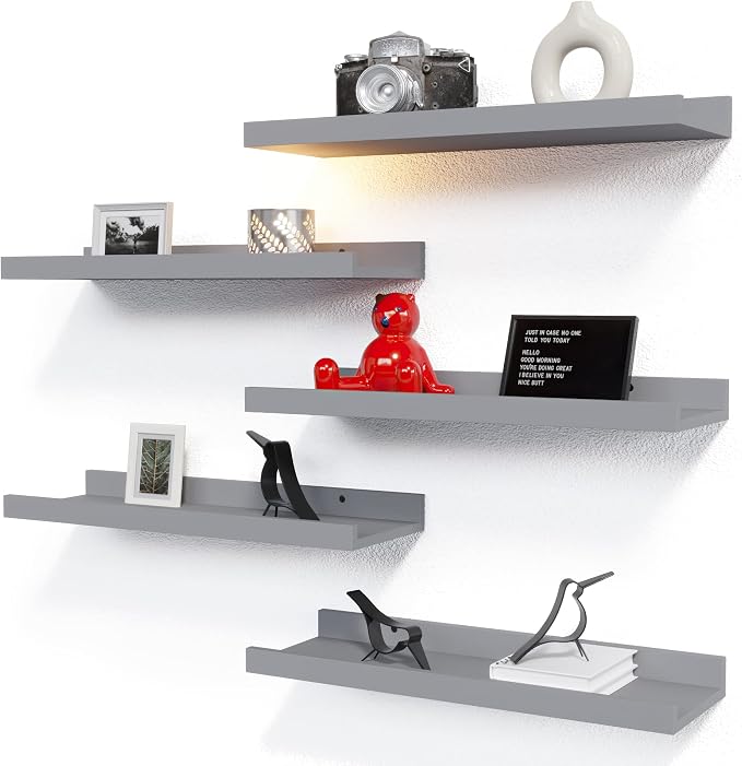 RICHER HOUSE Mounted Shelves for Wall Decor, Modern Picture Ledge Shelf with Lip for Wall Storage Nursery, Bedroom, Living Room, Bathroom - Grey | Display Picture Ledge Shelf, Anti-drop lip Shelf for Room Wall Decor, Bedroom Bathroom Storage Nursery Bo...