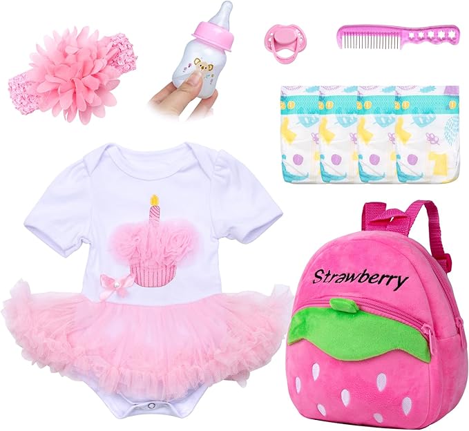 10 Pcs Reborn Baby Doll Clothes Pink Outfit Accessories Set for 20-22 Inch Reborn Doll Girl Newborn Baby with Backpack