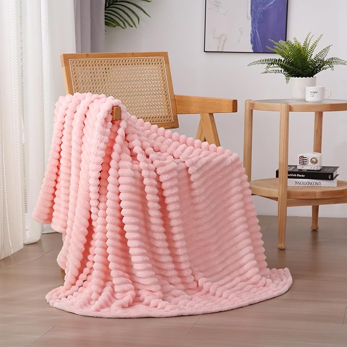 Light Pink Fleece Throw Blanket 90”×90” for Couch Sofa Livingroom | Super Soft Cozy Plush Microfiber Flannel Bed Blanket Striped Design Lightweight Home Decor Gifts for Adults Mom Women
