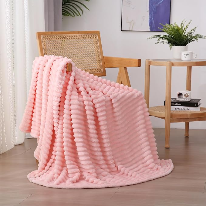 Light Pink Fleece Throw Blanket 108”×90” for Couch Sofa Livingroom | Super Soft Cozy Plush Microfiber Flannel Bed Blanket Striped Design Lightweight Home Decor Gifts for Adults Mom Women