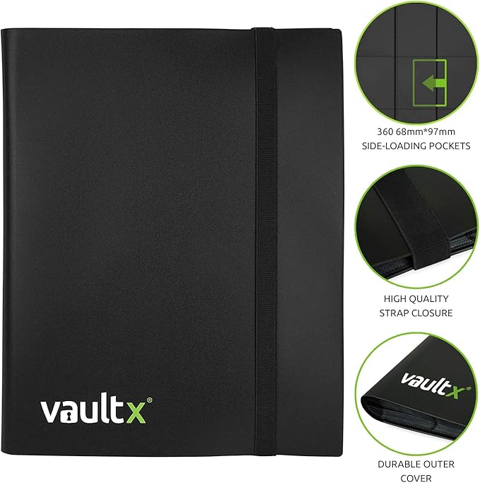 Vault X 9 Pocket Standard Strap Binder, Holds 360 Trading Cards in 20 Side-Loading Pages (Black)