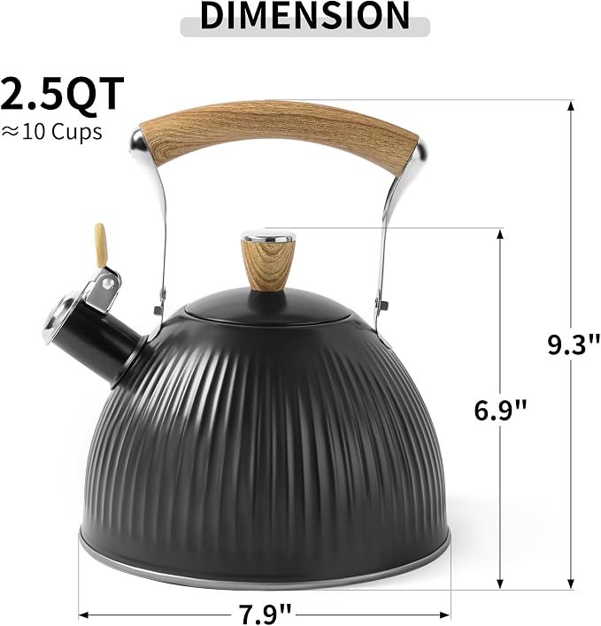 LONFFERY Tea Kettle for Stove Top, 2.5 Quart Whistling Tea Kettle, Stainless Steel and Wood Pattern Folding Handle, Black