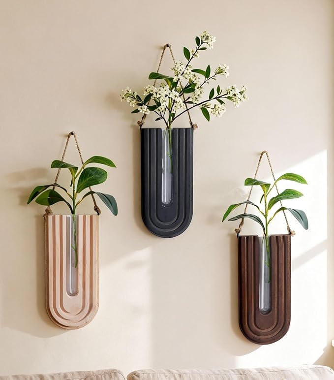 Wooden Wall Vase Set of 3, Propagation Vases Hanging Planters for Indoor Plants, Wall Mounted Vase Boho Modern Farmhouse Decor for Entryway Hallway