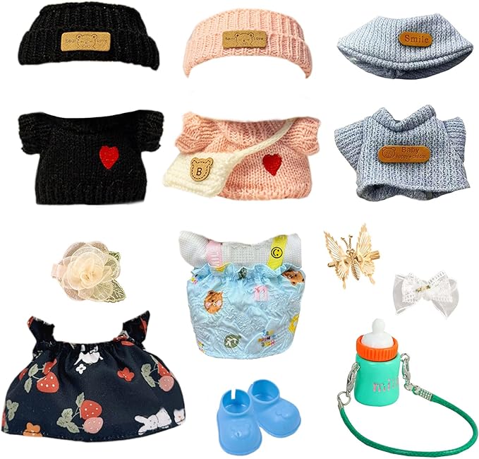 5 Outfits for 17cm Dolls (No Doll) – Stylish Mini Doll Clothes Set with Shoes, Hats, Bags & Bows – Cute Dress-Up Fashion Gift for Girls (B6, 5)
