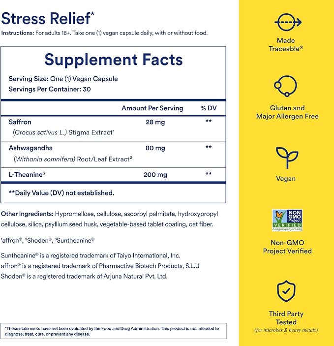 Ritual Stress Relief Supplement - Ashwagandha, L-Theanine, & Saffron - Helps Reduce Stress, Manage Cortisol, Promotes Calm, Relaxation* - All Day Support* - Vegan - Citrus - 30 Capsules - 30 Servings