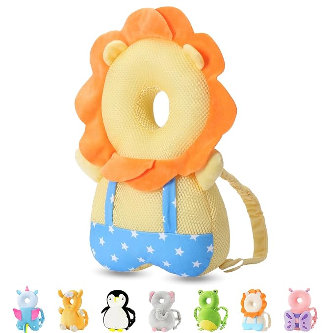 JunNeng Baby Head Protector Backpack, Toddler Walking Fall Head Protection, Yellow Lion Mesh