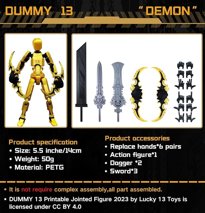 T13 Action Figure for Kids,3D Printed Titan 13 Figure with Multiple Accessories,Dummy 13 Desktop Decorative Toy(Gold)