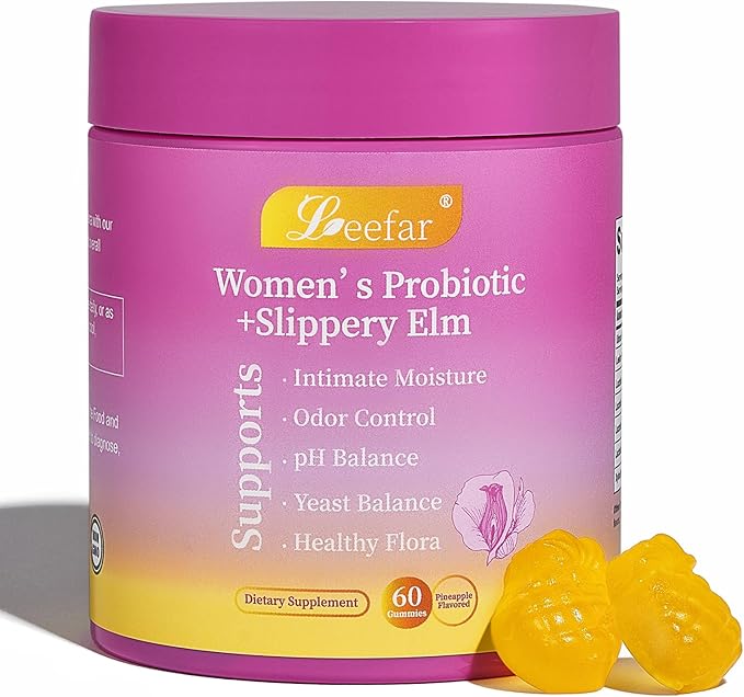 Women’s Probiotic + Slippery Elm - 5 Billion CFU Vaginal Probiotics + Prebiotic Fiber - Supports Intimate Moisture, pH Balance, Odor Control & Yeast Balance* - Pineapple Flavor - 60 Gummies