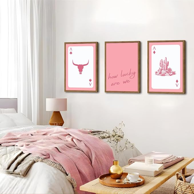 Pink Western Wall Art, How Lucky are We Wall Decor Picture Southwestern Cowgirl Playing Card Poster Canvas Print Bull Skull Painting Artwork for Bedroom Living Room 16x24 inch Wood Framed