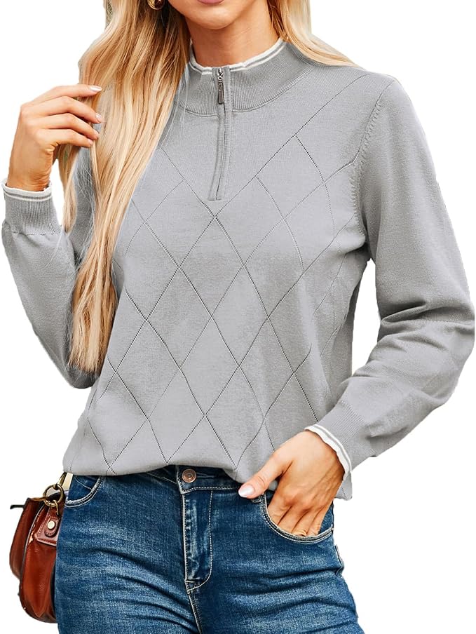 JACK SMITH Quarter Zip Pullover Sweaters for Womens, Rib Polo Sweater Tops | V Neck,Knit,Long Sleeve,Argyle,Open Pattern,Callar,Lightweight,Fashion,Golf Work Business Daily Wear Versatile Pullover Shirt