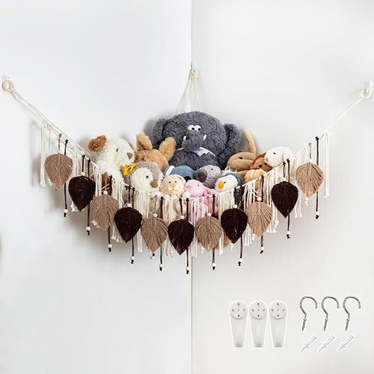 Pretty Jolly Macrame Stuffed Animal Hammock with Beads Hand Woven Leaf Tassels Corner Hanging Net Boho Plush Holder for Kid Room Nursery Decor Easy Install Organizer for Girls Gift(Brown)