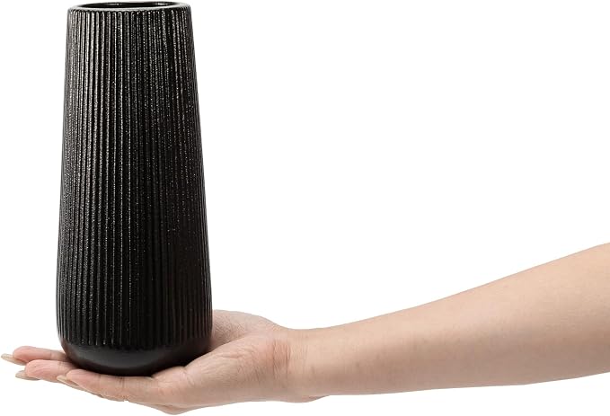 7.8''H Ceramic Vase, Pampas Grass Vase, Ribbed Modern Decor, Matte Black | Nordic Minimalist Flower Vase, Black Home Office Decor Vases, For Living Room, Dining Table, Bedroom, Kitchen Shelf