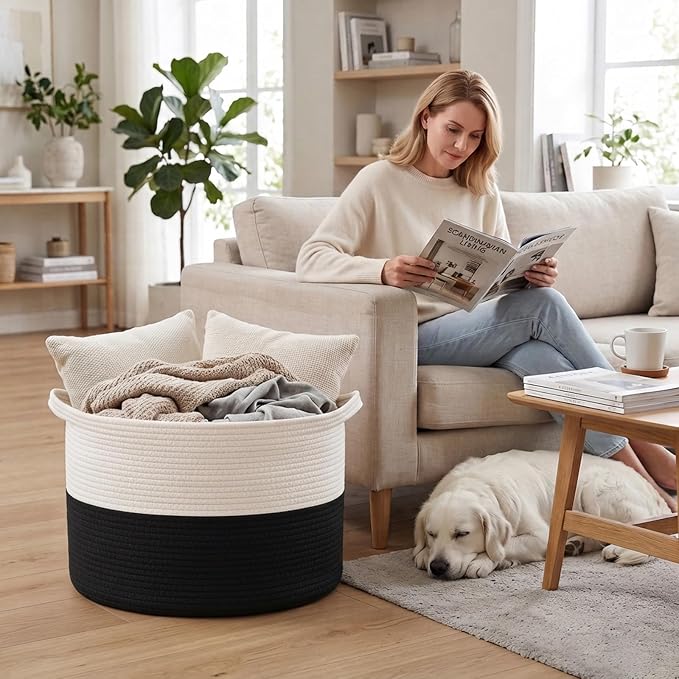 65L Large Blanket Basket,Woven Rope Laundry Basket-White&Black | Collapsible, reinforced handles, nursery storage bin organizes clothes, toys and pillows for living room, bedroom bathroom