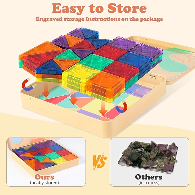 60 PCS Mini Magnetic Tiles, Travel Magnetic Tiles Magnetic Building Blocks with Iron Box, Portable Travel Toys for Kids Ages 4-8, STEM Learning Educational Construction Travel Toys for Toddlers 3-5