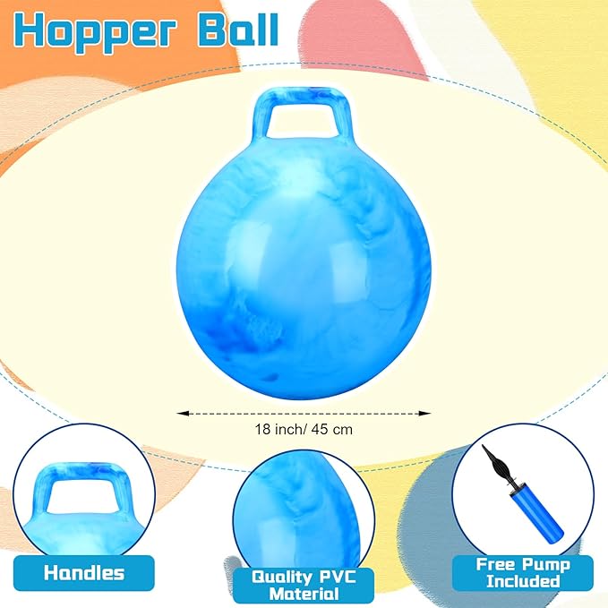 Poen 3 Pcs 18 Inch Hopper Inflatable Bouncy Ball with Handle Hippity Hop PVC Jumping Hopping Ball with 1 Air Pump for Kids Toddler Boys Girls Gifts Games(Red Blue Purple)