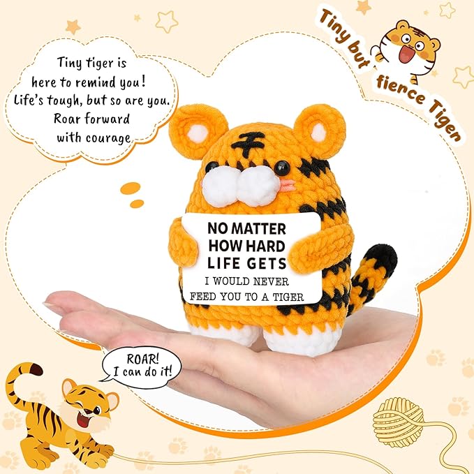 Funny Gifts for Women Men, Handmade Crochet Tiger for Friends Bosses Coworkers Couples Perfect Birthday Christmas Stocking Stuffer White Elephant Ideas Motivational Office Decor