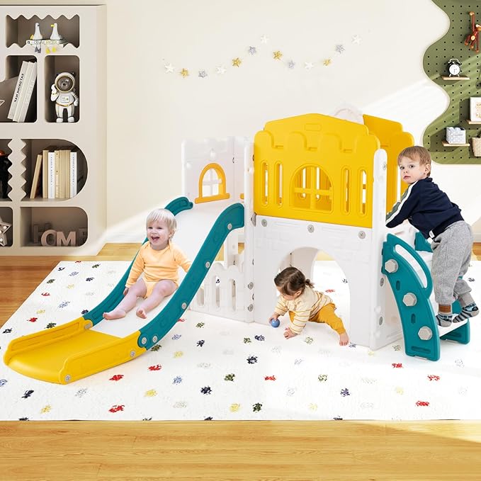 Costzon 9 in 1 Toddler Slide, Kids Slide and Climber Playset with Basketball Hoop, Telescope, Steering Wheel, Aisle, Tunnel & Storage Space, Baby Indoor Playground for Kids Aged 1+