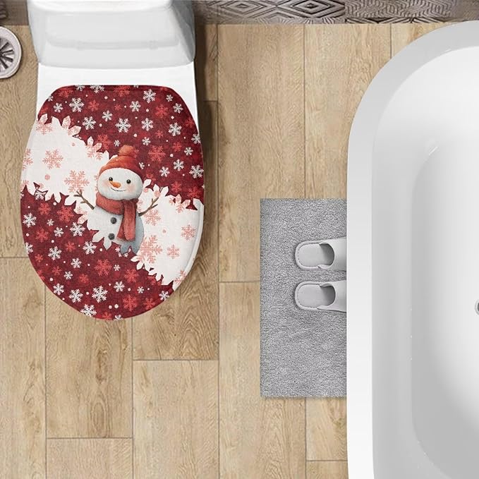 Toilet Seat Cover, Bathroom Accessories with Elastic Band at Bottom Toilet Seat Cover, Flannel Soft and Dustproof Toilet Lid Cover-Cute Christmas Snowman