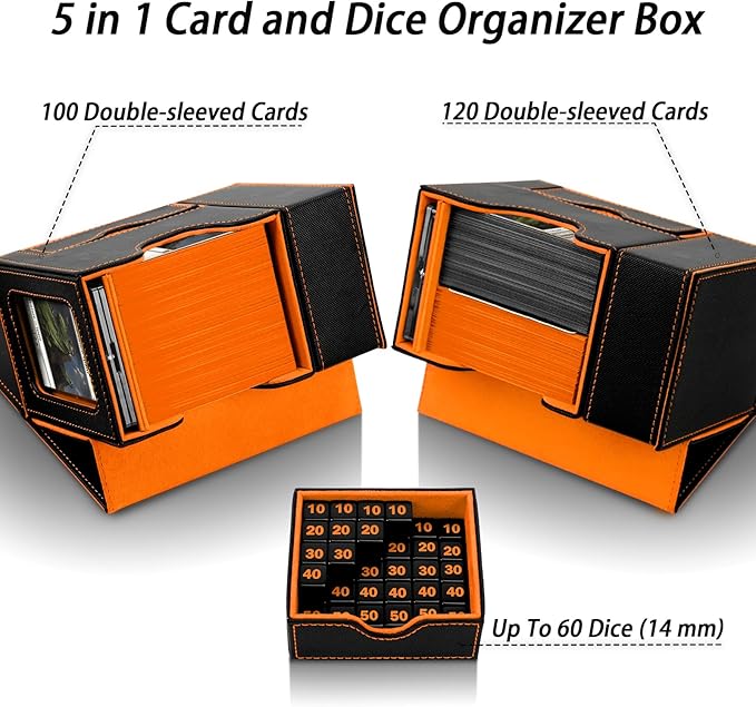 MTG Deck Box for Commander Display with Dice Tower, Fits 100 Double Sleeved Cards for TCG/PTCG, Cards Storage Case with Dice Tray and 35PT Magnetic Card Holder (Black＆Orange)