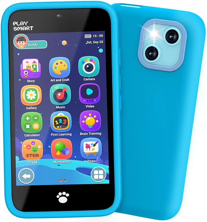 MOMILLA Kids Toys Smart Phone, Dual Camera with Stickers, 3.97" Touchscreen, 200+ Educational Puzzle Games, Learning Toys with Parental Control for Ages 3-8, Birthday Gift