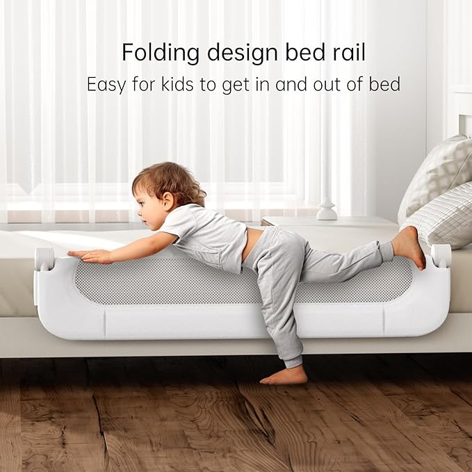 UPGOGO Folding Bed Rail for Toddlers,Baby Bed Rail Guard with Reinforced Anchor Safety System,Fit Bunk,Full Size,Queen,King,Twin(White,71"x23.6")