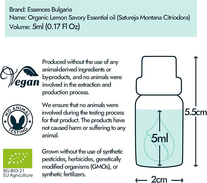 Essences Bulgaria Organic Lemon Savory Essential Oil 0.17 Fl Oz | 5ml | Satureja Montana Citriodora | for Immune System, Vitality, Health | Sensitive & Dry Skin | Aromatherapy | Therapeutic Grade
