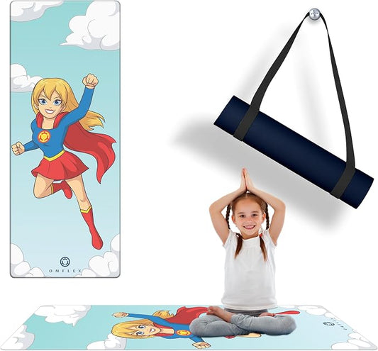 Kids Yoga Mat with Carrying Strap – 60"x24" Non-Slip Premium Exercise Mat for Kids, 3mm Thick Non-Toxic, PVC-Free Play Mat for Children, Dolphin, Car & Supergirl Designs