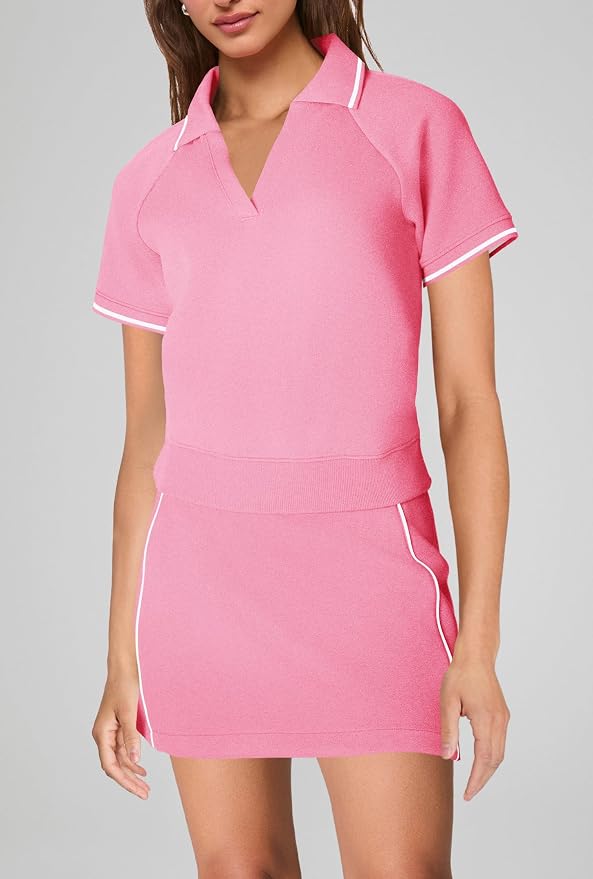 Womens Workout Sets 2 Piece Outfits V Neck Short Sleeve Polo Shirt and Tennis Skort Set with Pockets