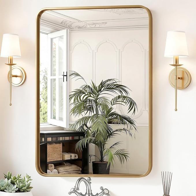 Sweetcrispy Bathroom Wall Mirror, 40x30 Inch Wall Mount Mirror for Over Sink, Modern Rounded Rectangle Vanity Mirrors with Matte Metal Framed, for Home Decor, Living Room, Bedroom, Gold