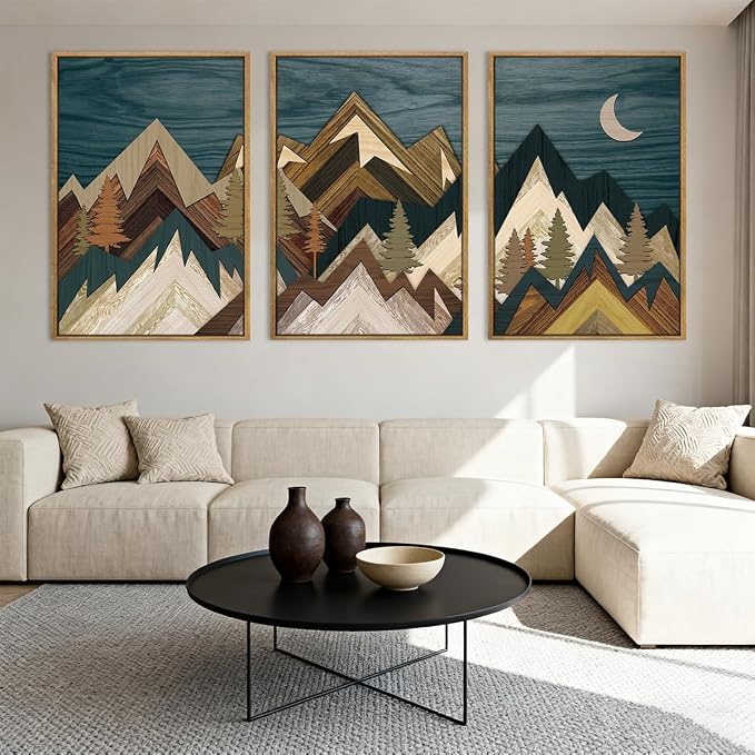 BINCUE Extra Large Mountain Wall Art Set of 3 Moon Froest Wall Decor Nature Landscape Art Print for Living Room Bedroom Office 24x36 Inches