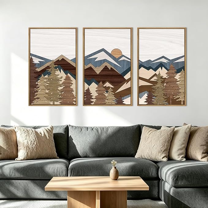 BINCUE Large Mountain Wall Art Vintage Mountains Office Framed Canvas 3 Piece Artwork 16x24 Inch for Living Room Bedroom Décor