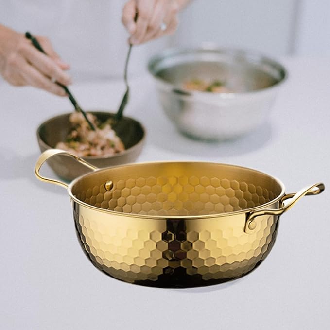 Generic Korea Ramen Pot, Stainless Steel, Gold, 22cm, No Lid, Portable, Fast Heating, Multifunctional, Suitable for Home, Kitchen, Camping, Picnic, Restaurant