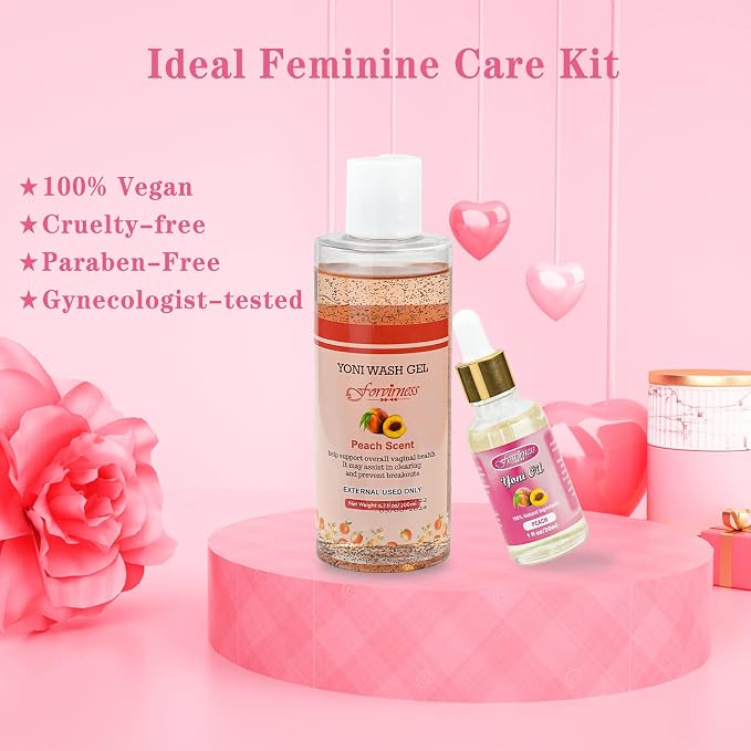 forvirness Natural Feminine Wash Yoni Oil Set, Body Cleanser with Cleaning Factor, Yoni Wash for Women pH Balance,1 fl.oz Peach Feminine Oil & 6.7 fl.oz Intimate Cleanser