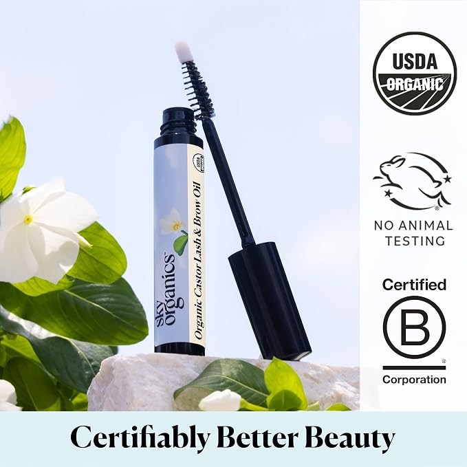 Sky Organics - Organic Lash & Brow & Applicator - Eyelash Serum - Castor Oil Organic - Moringa, Vitamin E - Lashes, Eyebrows - Self Care, Beauty - Gifts for Women - .4 fl oz, 12mL with ebook