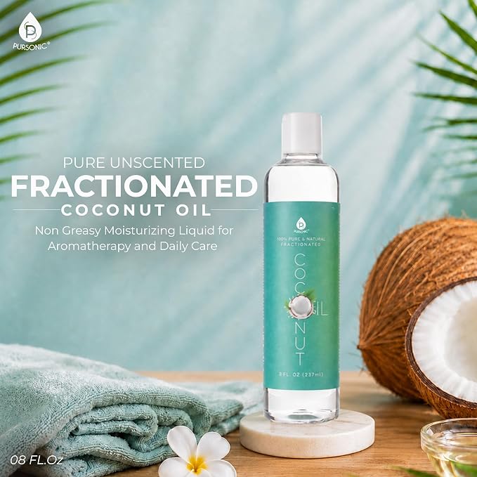 Pursonic Pure Unscented Fractionated Coconut Oil - 8 Oz Multipurpose Oil for Skin, Hair, Body Massage & Makeup Removal - Carrier Oil for Essential Oils and Aromatherapy