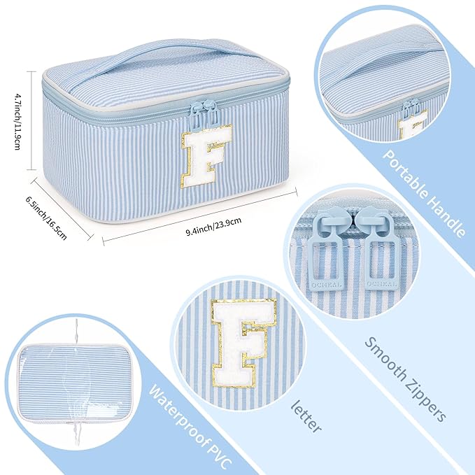 OCHEAL Makeup Bag Valentines Day Gifts for Women, Monogram Cosmetic Bag Blue Travel Makeup Case Beauty Toiletry Bag Organizer Personalized Gifts for Girls Bridesmaid, Sister, Wife, Friends Initial F