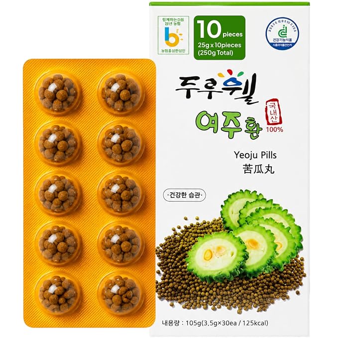 Korean Food Duruwel Bitter Melon Pellets Plant-Based 25g x 10 Individual Pk | Farm-grown Korean bitter melon pellets in 10 individual packs, a convenient traditional plant-based food for daily enjoyment.