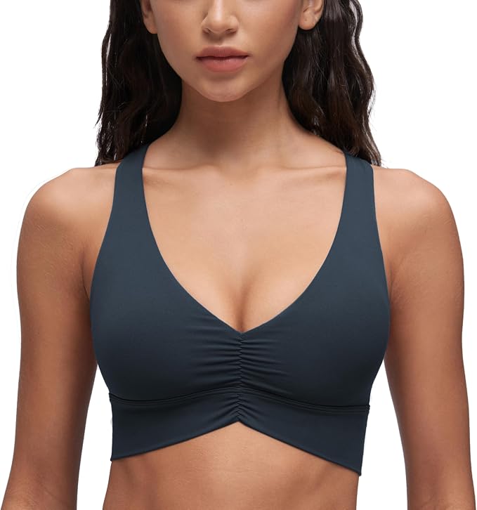 CRZ YOGA Butterluxe Ruched Longline Sports Bras for Women - V Neck Padded Yoga Tank Wide Straps Cross Back Crop Tops